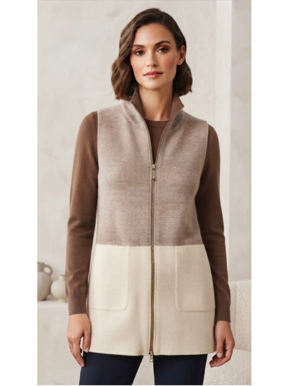 Tribal 100% Boiled Wool Longline Colorblock Tan & Cream Zip Up SZ S EUC Granola